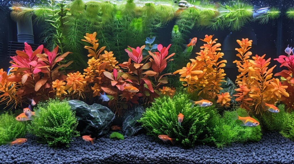 10 gallon tank with heater installed in back corner, surrounded by plants, fish, thermometer, and filter.