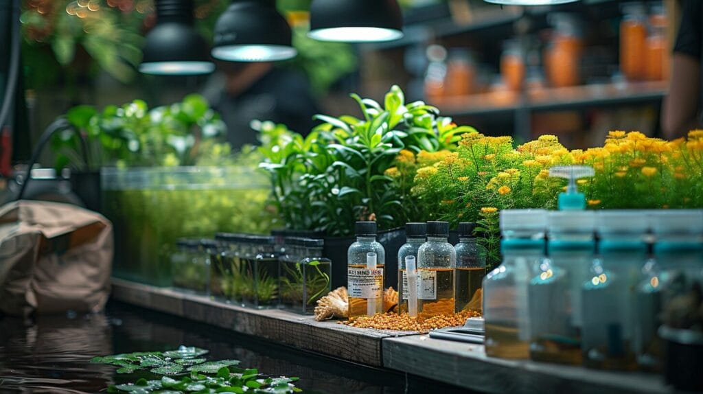 A fish tank with a pH testing kit, water conditioner, and peat moss; a fish owner is adjusting alkalinity levels