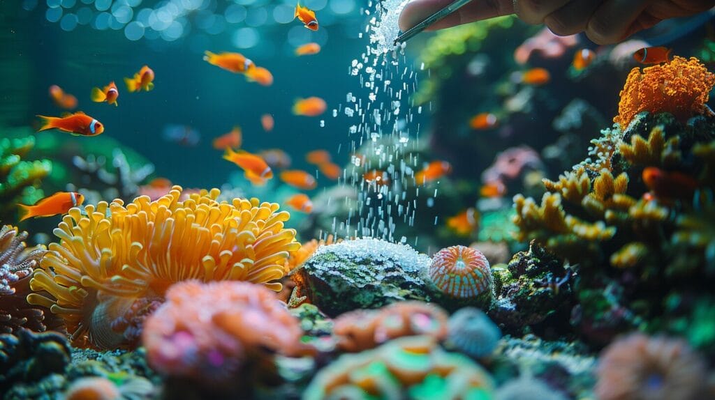 A hand measuring and pouring salt into a vibrant coral reef tank.