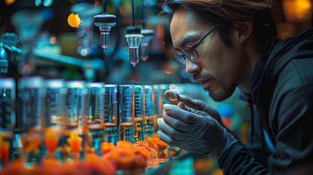A person checking fish tank alkalinity levels with a testing kit, observing color change in the test tube