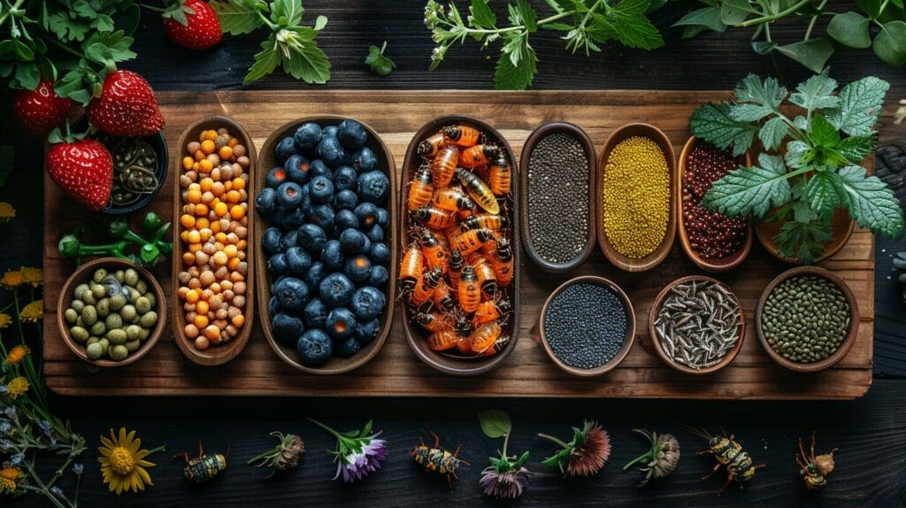 A varied diet, including insects like crickets, mealworms, and an occasional pinky mouse, alongside vitamin and calcium supplement