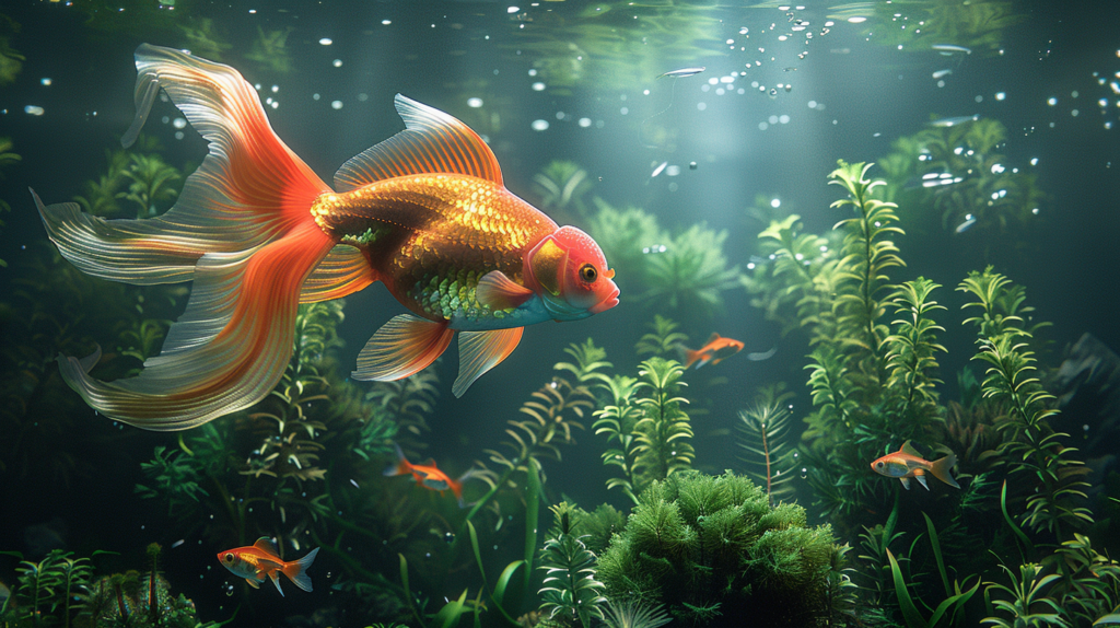 Enormous goldfish in vibrant underwater scene with aquatic plants and clear, sparkling water.