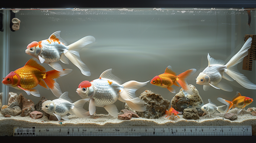 Underwater scene of various goldfish breeds, highlighting genetic diversity and growth potential in aquatic environment.