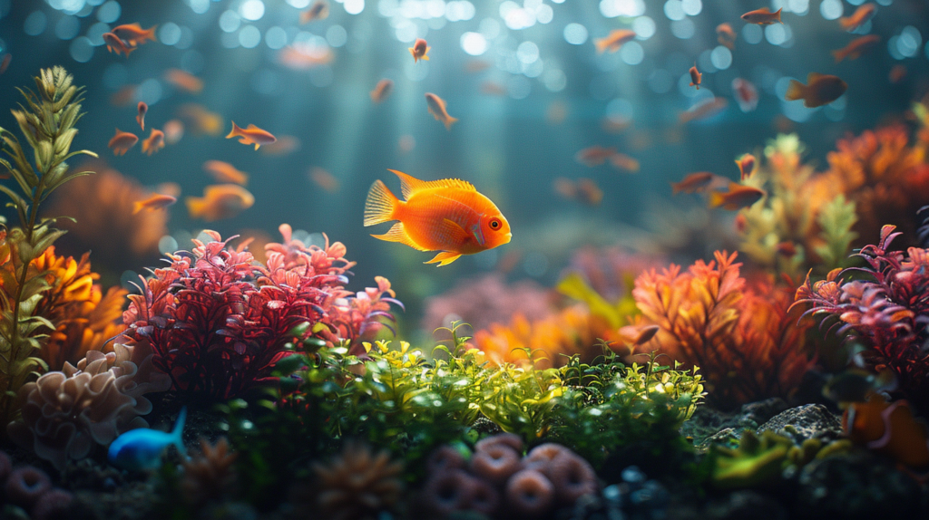 A bright orange fish swims among colorful coral and sea plants in a vibrant underwater scene with soft sunlight filtering through the water, making one wonder: are all aquariums bad, or can they capture this natural beauty responsibly?