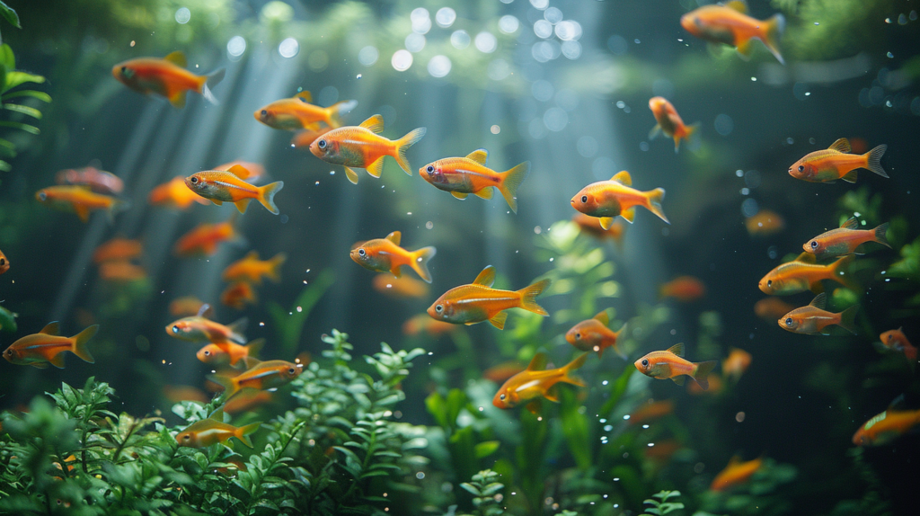 A school of orange fish swims among green aquatic plants, with sunlight filtering through the water and white algae in the aquarium adding a delicate contrast.