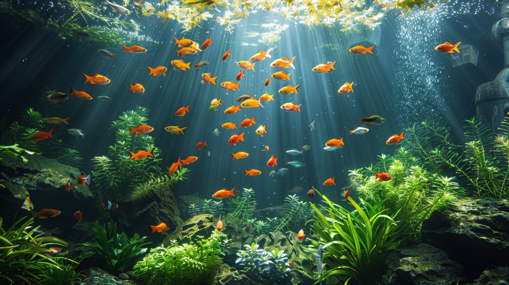 A school of orange fish swims in a sunlit aquarium with green plants, rocks, and a mechanical structure in the background. Sun rays filter through the water, making one wonder: Is it legal to keep native fish in an aquarium?