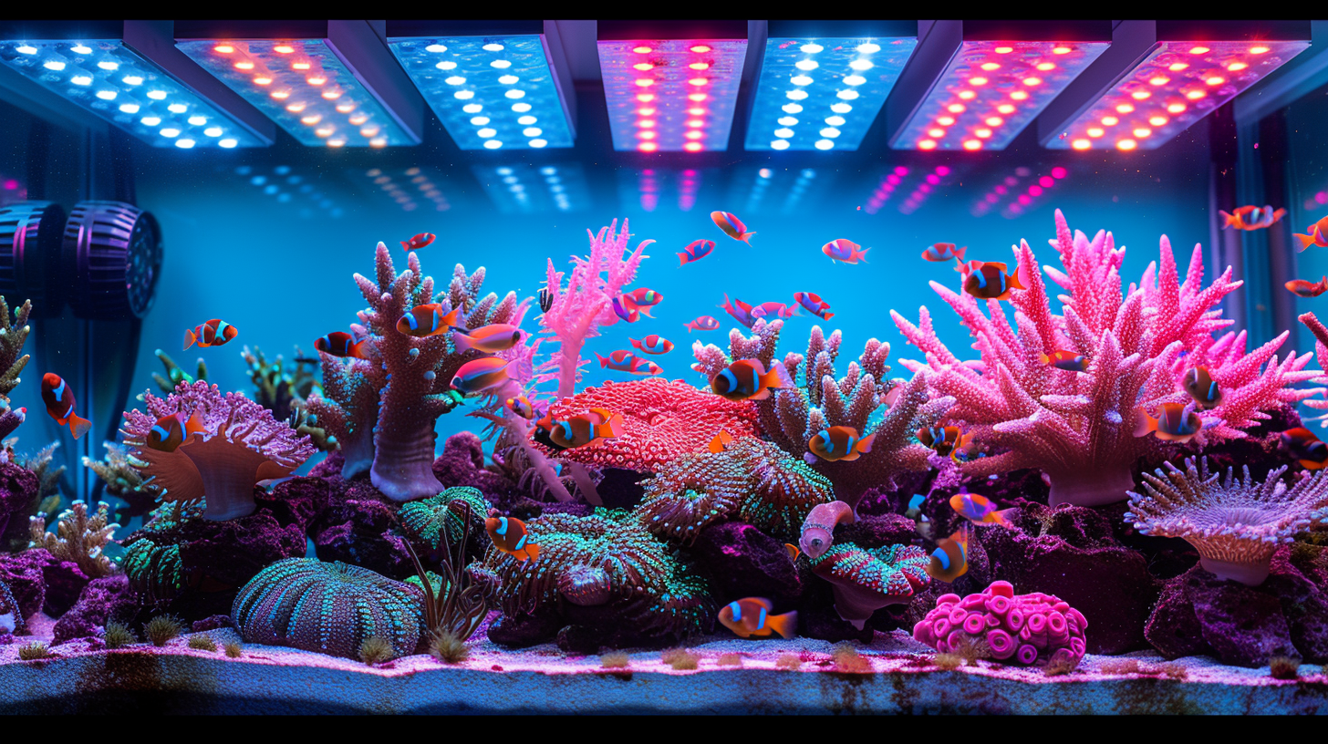 A vibrant aquarium is filled with a variety of colorful coral and numerous small fish under multi-colored LED lights, all synchronized with the perfect light schedule for a reef tank.