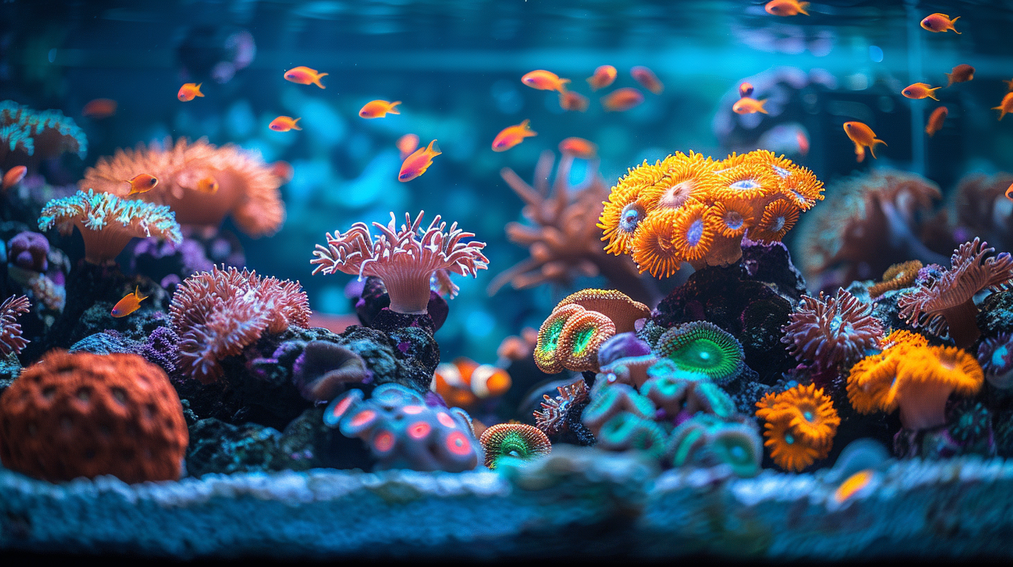 A vibrant coral reef aquarium scene with various colorful coral species and small orange fish swimming around, perfectly thriving under an optimized light schedule for the reef tank.
