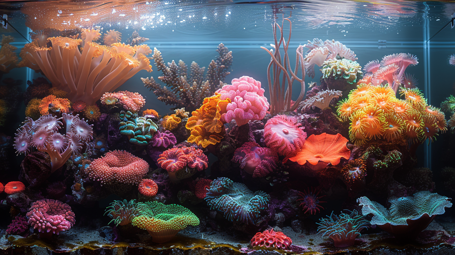 A vibrant underwater coral reef with various colorful corals and anemones in shades of orange, pink, and blue, illuminated by soft light filtering through the water, much like a perfectly timed light schedule for a reef tank.
