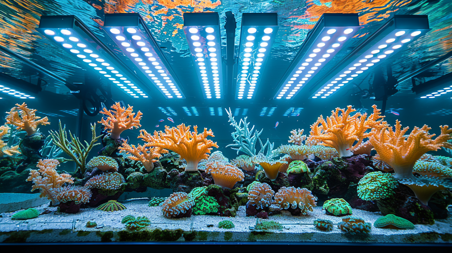 A well-lit aquarium with various species of vibrant coral and small fish thrives under a meticulously planned light schedule for reef tank, brilliantly illuminated by LED lights.