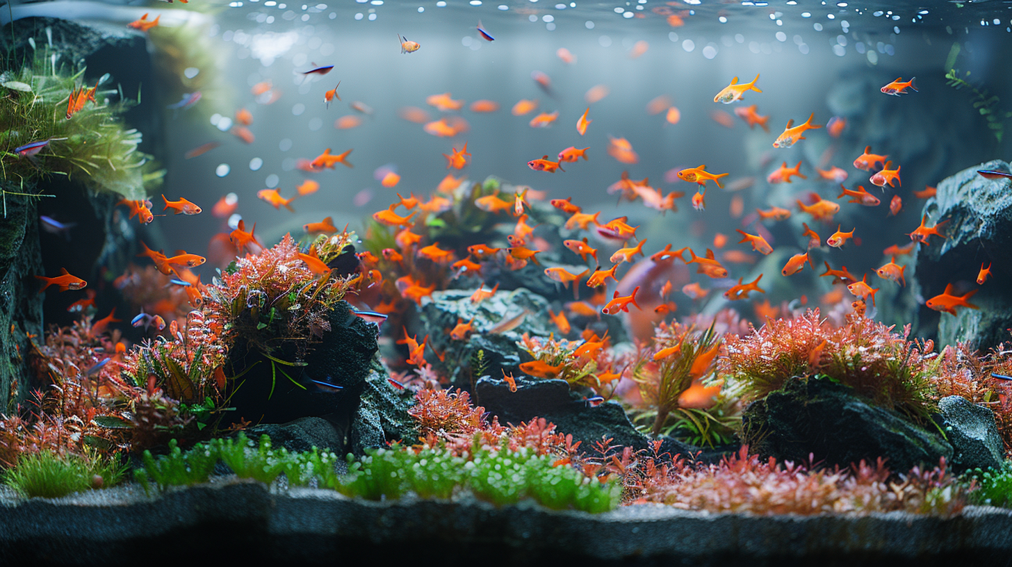 An aquarium containing numerous small, vibrant orange fish swimming among green and red aquatic plants and rocks, creating a captivating underwater scene. The fish thrive in this environment where some of the plants help control black beard algae.