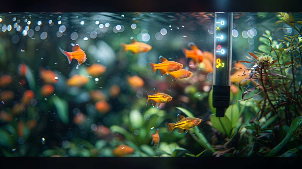 Close-up of aquarium heater with colorful fish and plants.