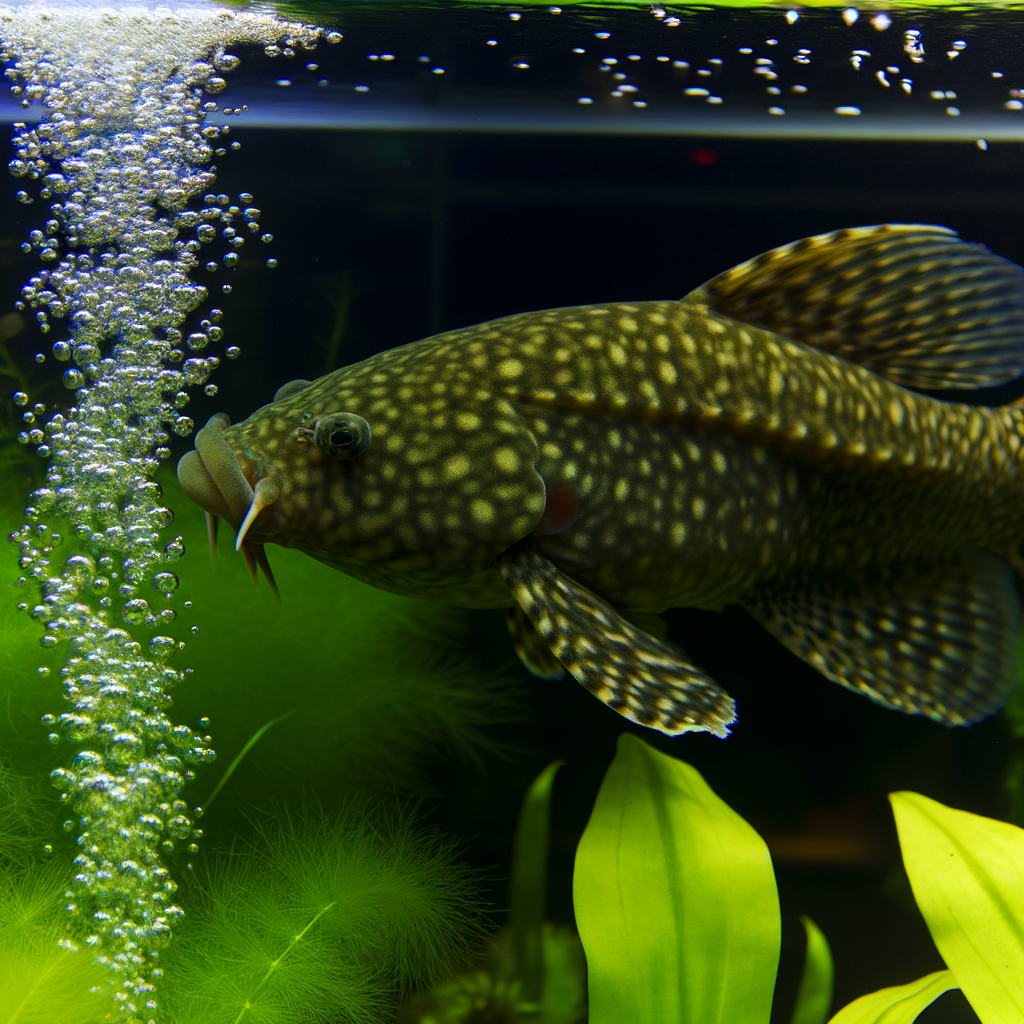 Image of a large Pleco fish prominently displayed in an aquarium