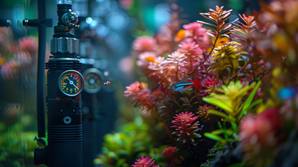 Modern CO2 regulator on a flourishing aquarium with plants and fish, showing bubble count and gauges.