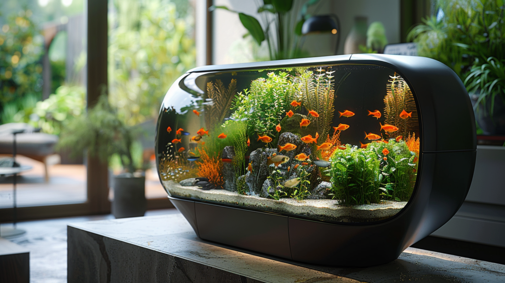 Modern aquarium with healthy fish and discreet heater.