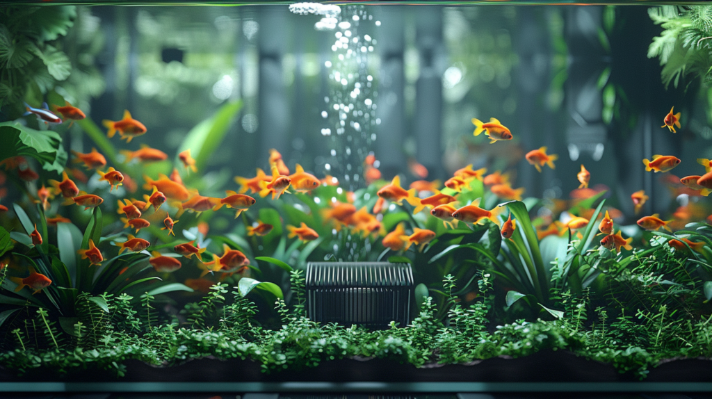 Various aquarium heaters in tanks with fish and plants.