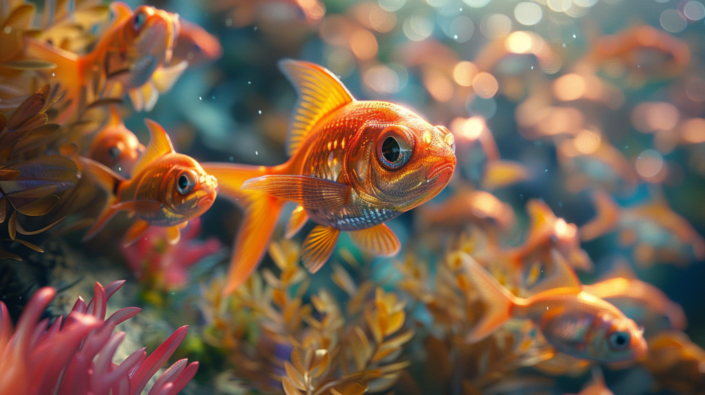 A group of wide-eyed orange fish swim among colorful underwater plants and coral in a brightly illuminated aquatic environment.