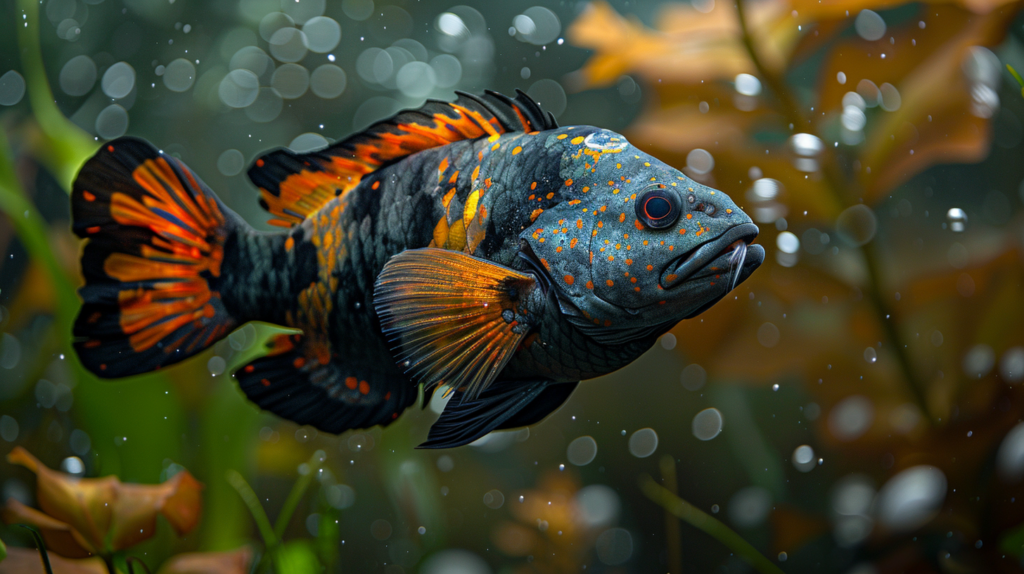 A vibrant Oscar fish with a dark, spotted body and orange fins swims in clear water with green plants in the background.