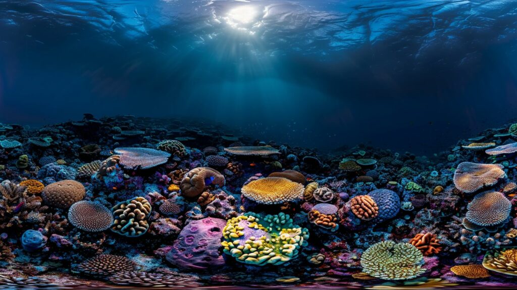 An underwater scene featuring a vibrant coral reef with various corals and marine life illuminated by sunlight, enhanced by the best LED reef light, filtering through the water above.