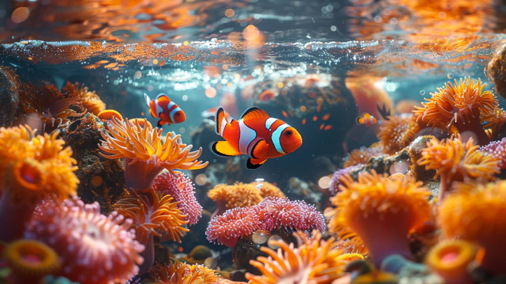 Clownfish gracefully swimming among vibrant orange and pink sea anemones in a coral reef's clear, sunlit water make one wonder: how much space do clownfish need to thrive in such a picturesque setting?