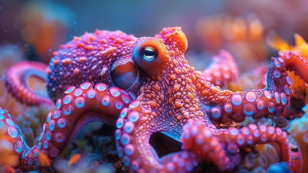 Octopus with eight tentacles reaching for fish, spotlighted.