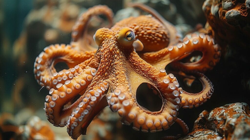 Stealthy octopus squeezing through opening, targeting fish.