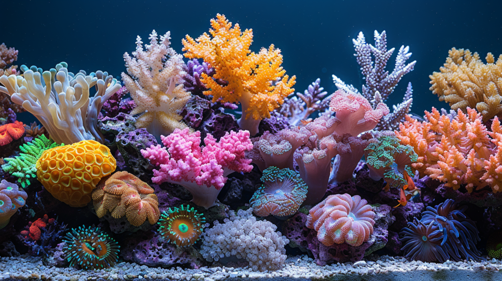 A lively nano reef tank home to a variety of colorful corals and marine life, maintained by a dedicated aquarist.