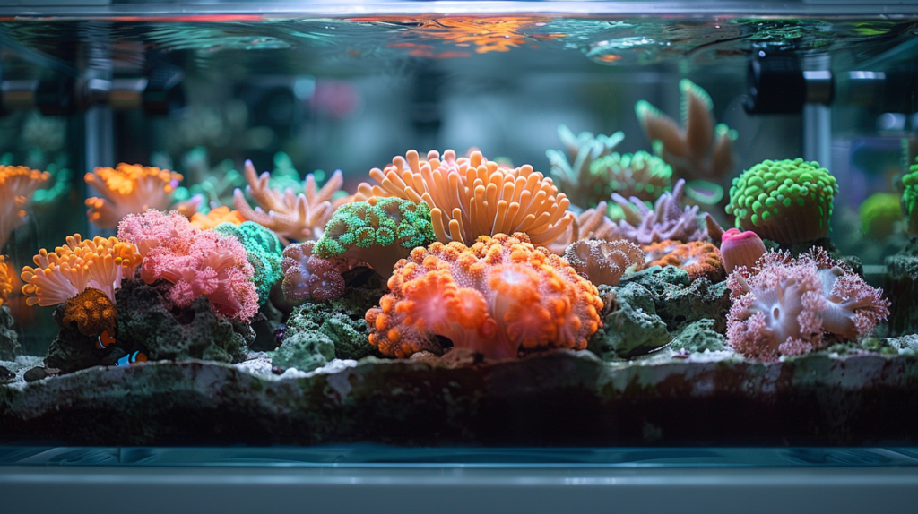 A sleek nano reef tank filled with vibrant coral, live rock, and sand, equipped with a compact protein skimmer, powerhead, and LED lighting.