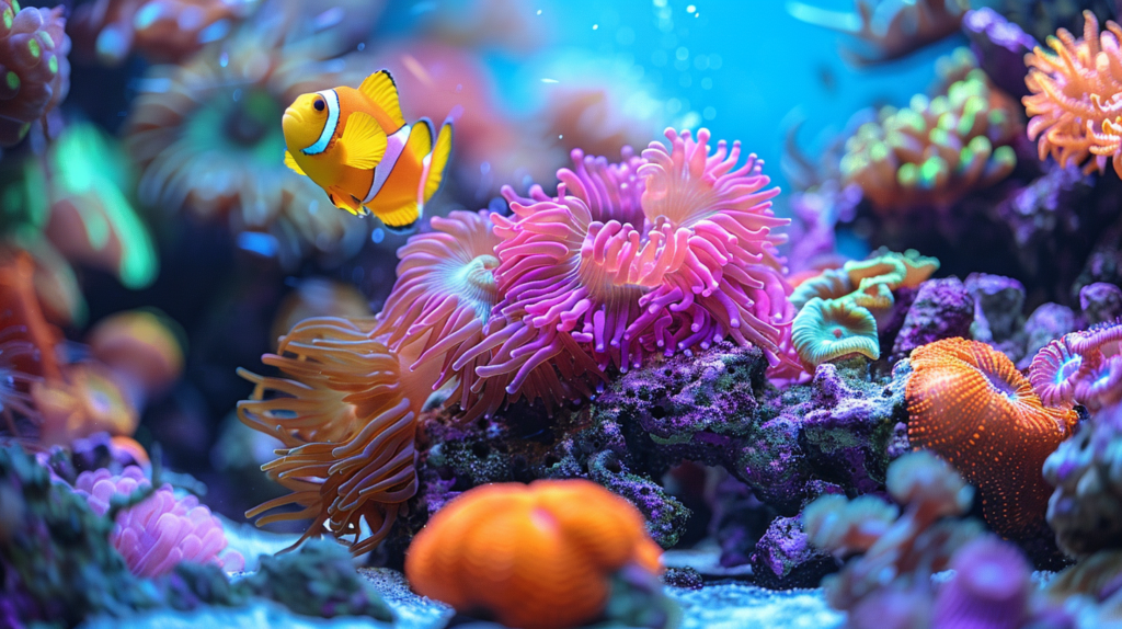 A vibrant nano reef tank showcasing an array of colorful coral, sea fans, and darting fish in a compact, well-designed tank.
