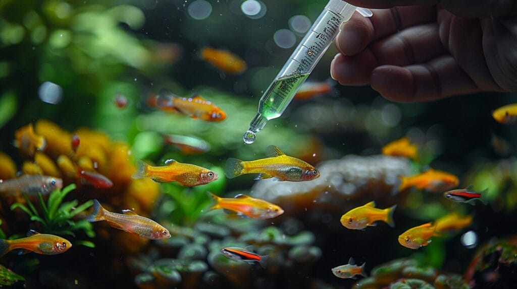 Hand testing African cichlid tank water with a kit