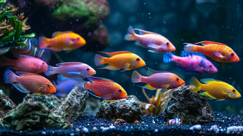 Peaceful, colorful African cichlid tank with diverse species, vibrant rocks, and plants.