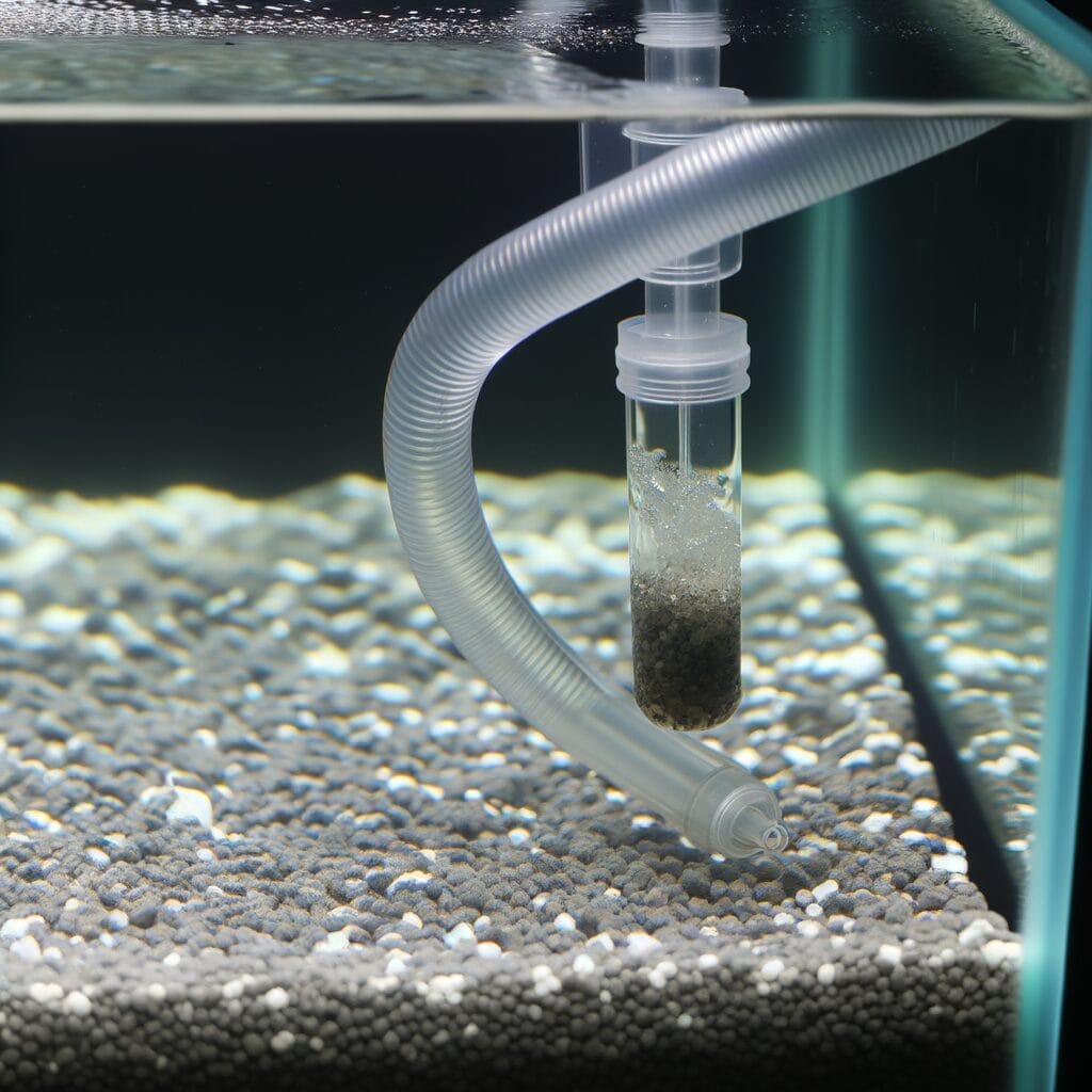 A clear aquarium with a gravel siphon effortlessly removing debris from the substrate and water flowing smoothly through the hose.