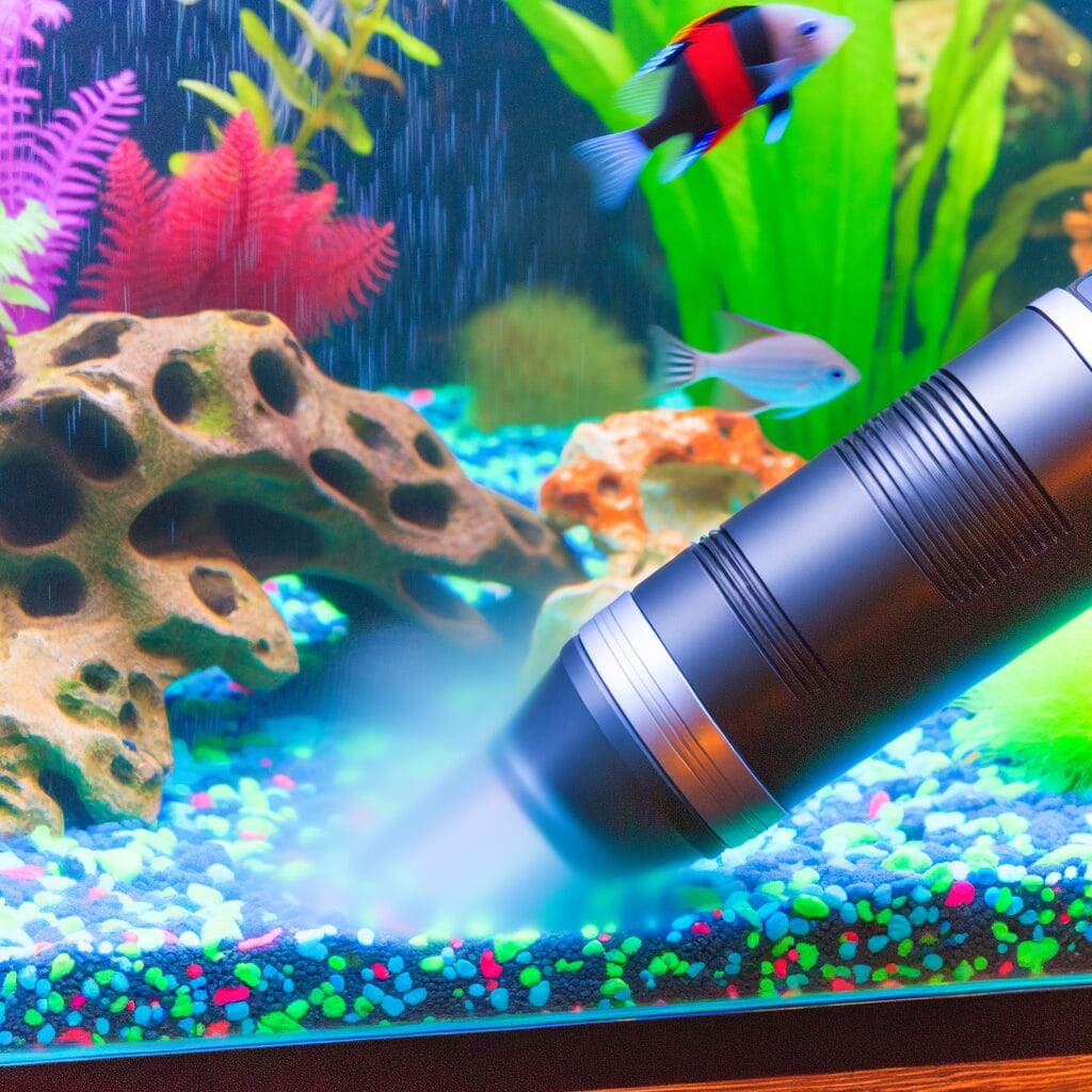 A sleek, modern electric gravel vacuum in action, efficiently removing debris from a colorful aquarium, showcasing powerful suction and ease of use.