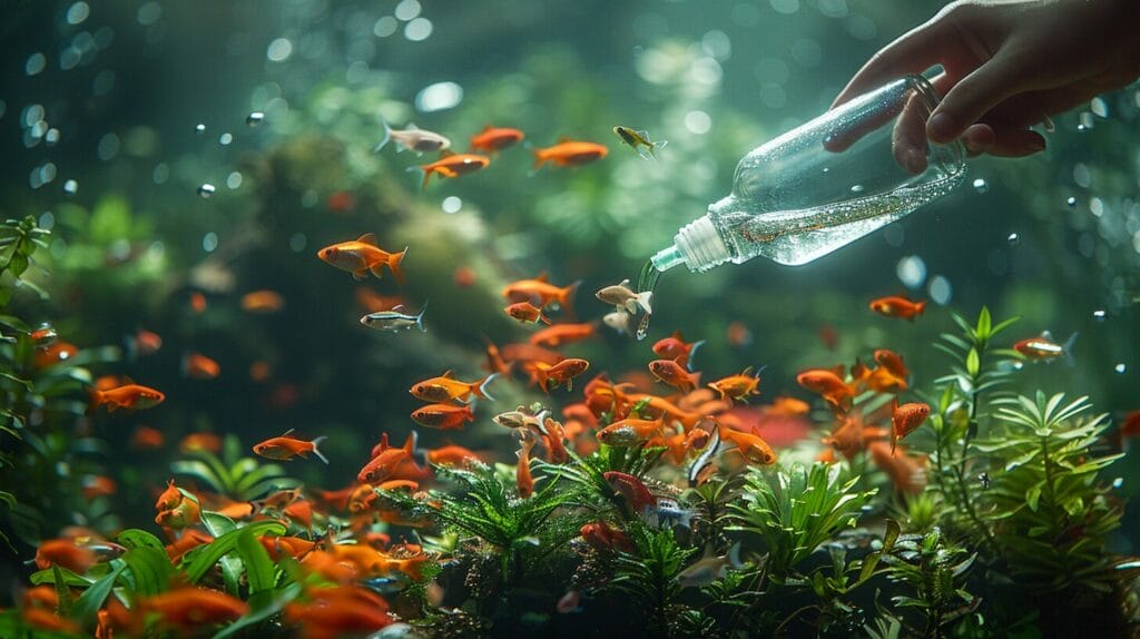 An image of a hand pouring liquid fertilizer into a vibrant, lush underwater aquarium filled with green plants and colorful fish.