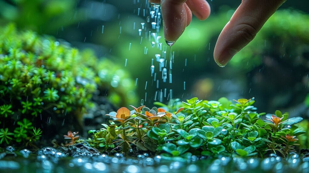 An image showing a hand adding liquid fertilizer to a vibrant underwater aquarium, highlighting the role of fertilizer in aquatic plant health.
