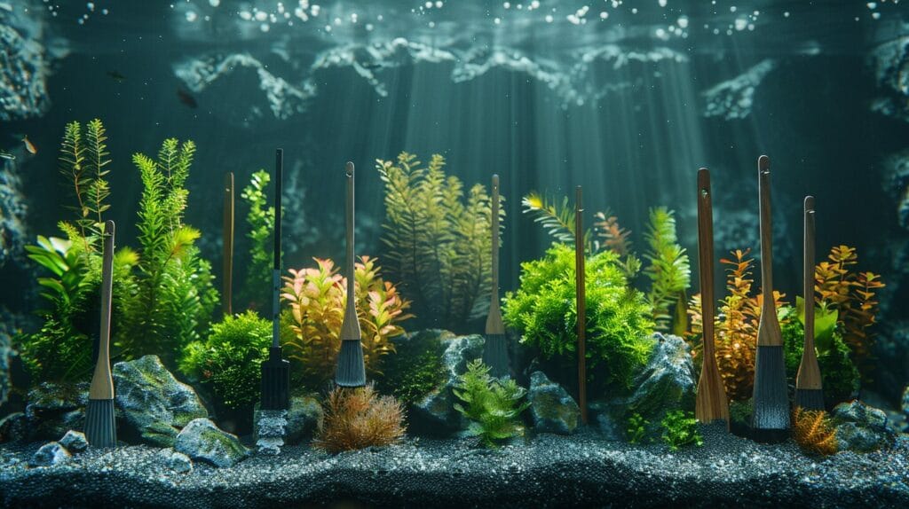 Aquarium scrapers with algae types backdrop