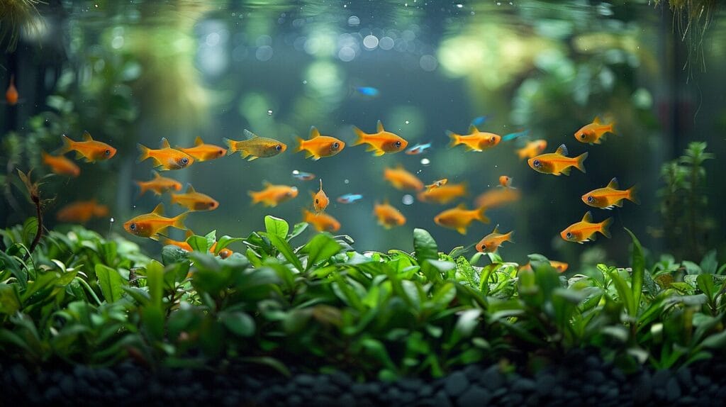 Clear aquarium with colorful fish and lush plants