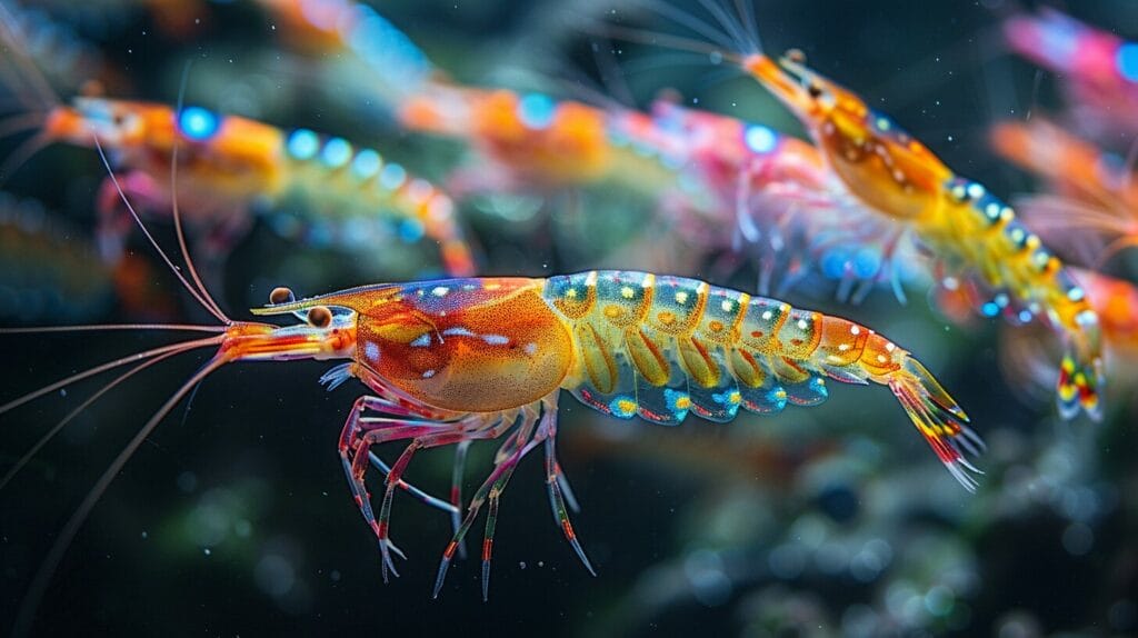 Diverse shrimp species in a vibrant aquatic setting.
