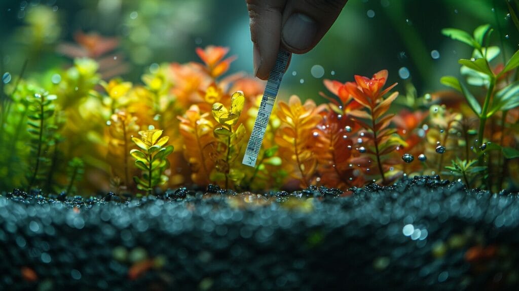 Hand dipping test strip in fish tank with clear water for accurate results