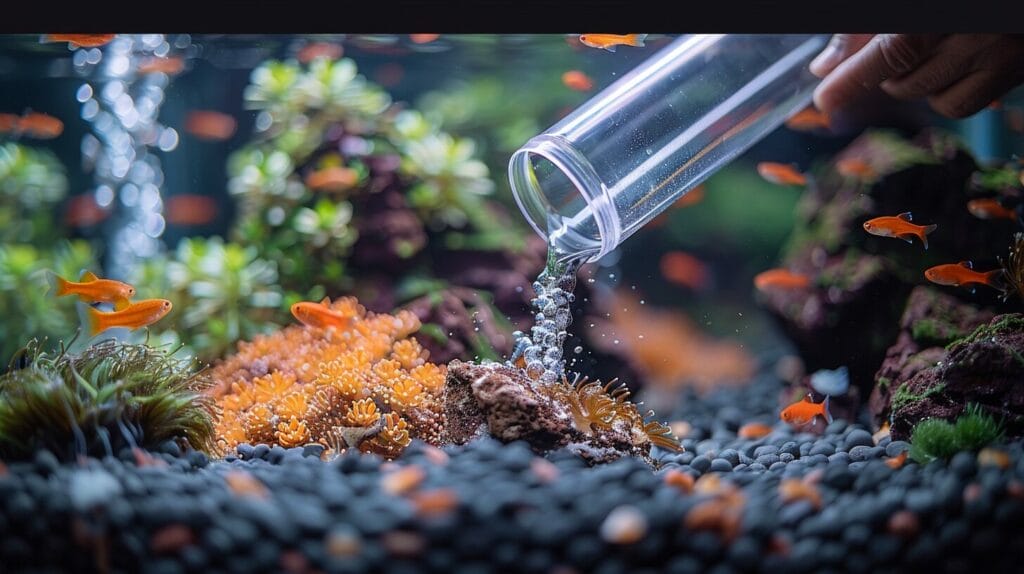Someone using a high-quality aquarium siphon to efficiently clean a fish tank, showing clear tubing, gravel vacuum, and water flow in action.