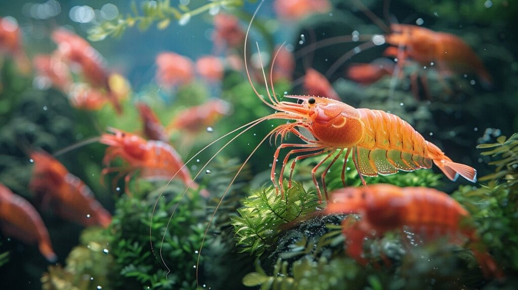Vibrant shrimp tank with cherry shrimp, amano shrimp, and nerite snails.