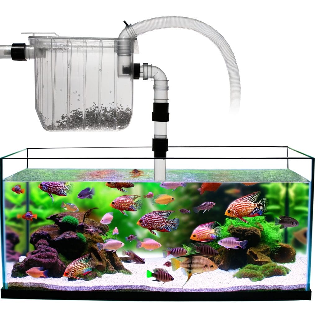 a transparent aquarium siphon, draining water from a tank with colorful fish.