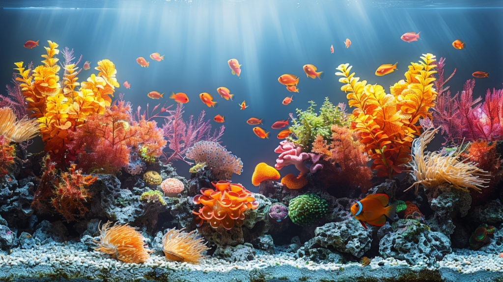 Clean aquarium with vibrant fish and a modern tank filter, depicting clear water and healthy fish.