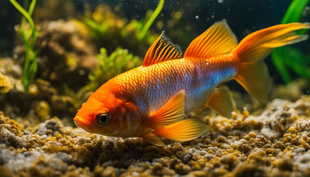 A bright orange fish with golden and blue accents swims near the gravel bottom of an aquarium with green plants in the background, making one wonder, "How long do goldfish live?