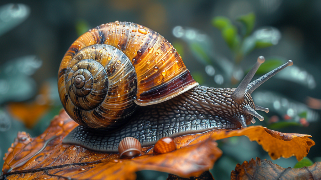 A close-up of a snail with a striped shell crawling on an orange-brown leaf with raindrops, surrounded by greenery, invites curiosity about what is a snail's lifespan.