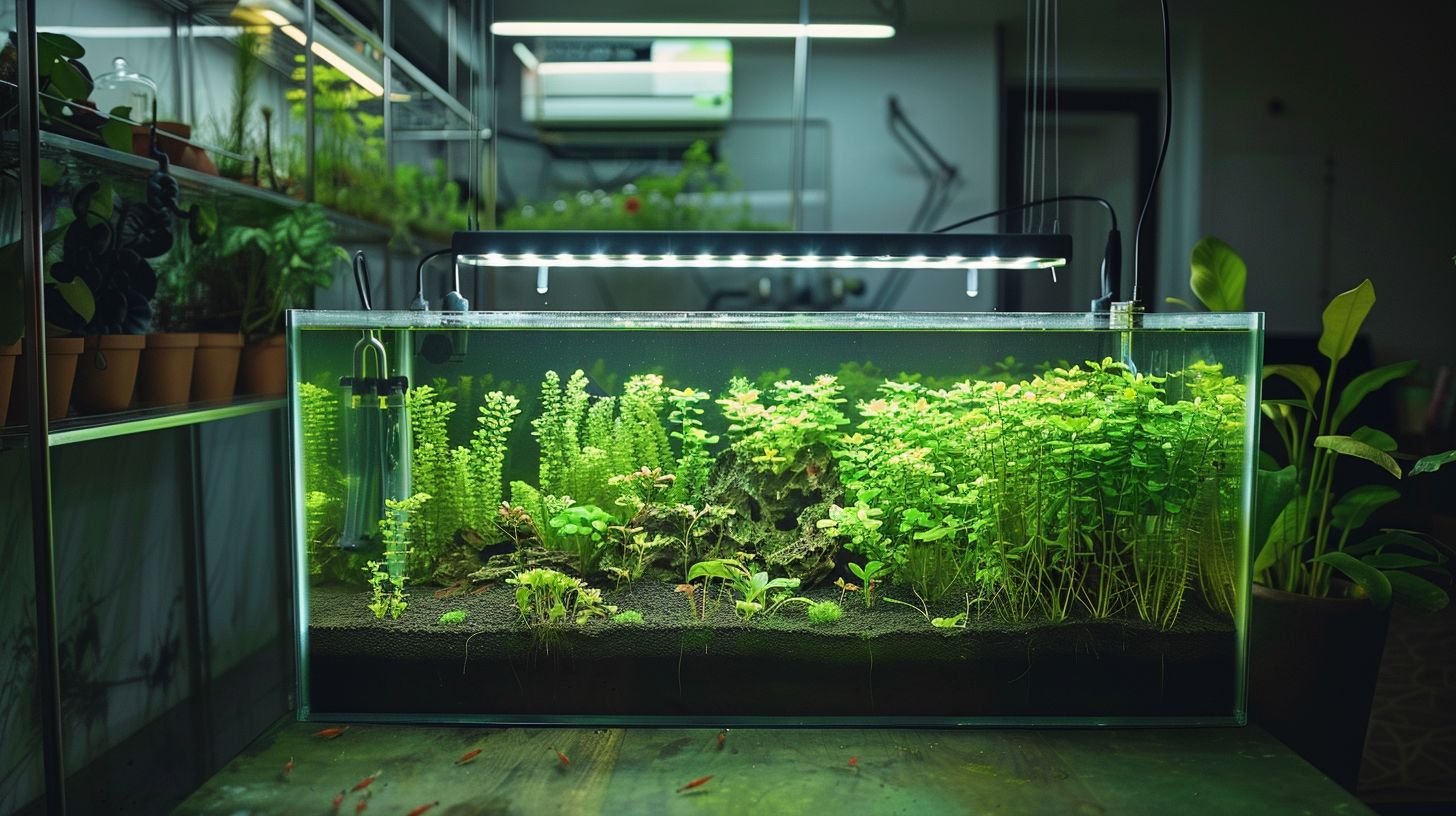 A glass aquarium filled with various green aquatic plants, brightly lit from above. The aquarium, showcasing the best filter for a 20-gallon aquarium, is positioned on a wooden surface with more plants in the background.