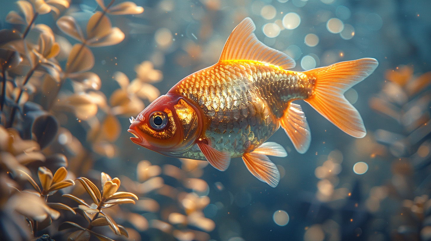 A goldfish swims gracefully among aquatic plants in a softly lit underwater scene, but maintaining this tranquility requires careful attention to factors like low pH in the fish tank.