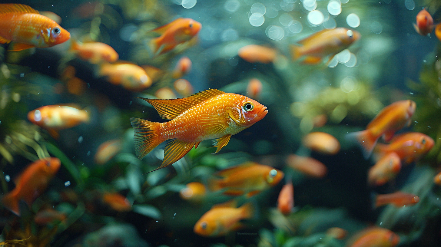 A group of bright orange fish swims in a clear aquarium, surrounded by aquatic plants and bubbles, flourishing despite the challenge of low pH in the fish tank.