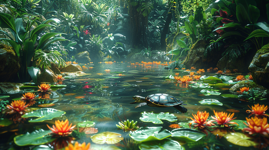 A mata mata turtle swims in a lush, sunlit pond surrounded by lily pads and vibrant orange flowers in a dense, tropical forest.