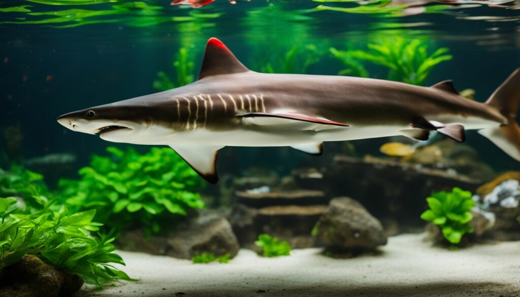 A Red Tail Shark swims in a clear aquarium filled with green plants and rocks, showcasing its impressive lifespan in a vibrant underwater habitat.